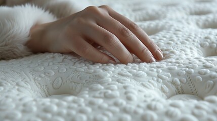 Woman's hand with white nails resting on a textured mattress.