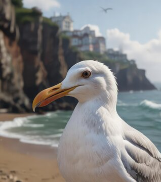 Seagull's ear-piercing shriek rings out across the coastline, bird call, elevation, nature