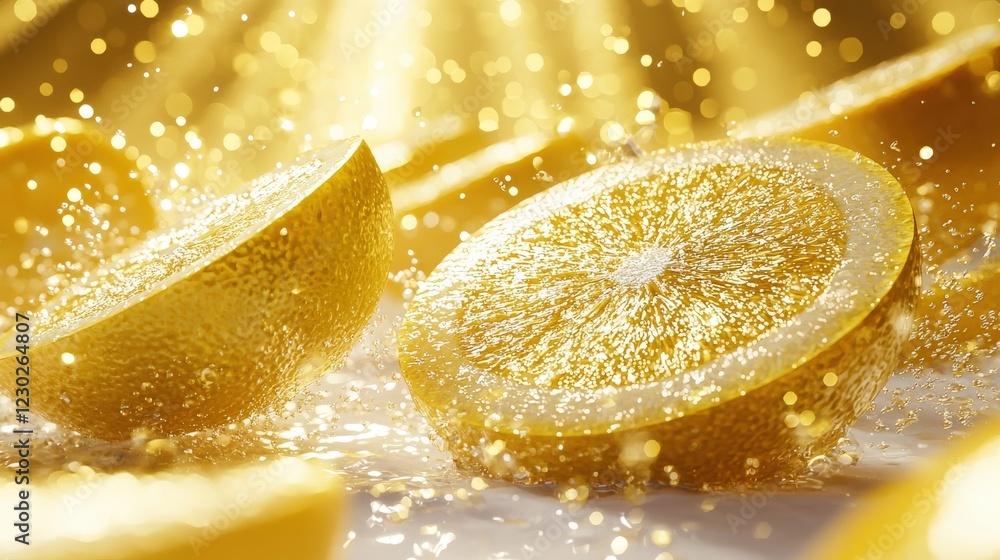 Aufkleber fresh lemon slices in bright light with water splashes creating a refreshing and vibrant atmosphere