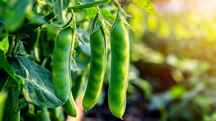 Fresh green peas hanging in a sunlit garden, showcasing healthy produce and vibrant colors