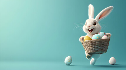 un conejo de pascua sonriente y feliz llevando una canasta o cesta con huevos de pascua decorados y coloridos sobre un fondo azul claro con espacio de copia celebrando la pascua