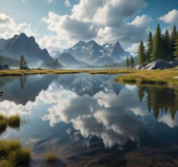 serene alpine lake in a wetland with reflection of clouds in its water, calm environment, cloud reflection
