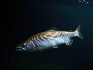 Sea trout illuminated in the dark with a single water drop glistening on its scales, creating a mysterious and captivating image, scale, sea trout, fish