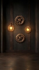Obraz premium A decorative wall featuring three illuminated gears, blending industrial and vintage styles in a dimly lit environment.