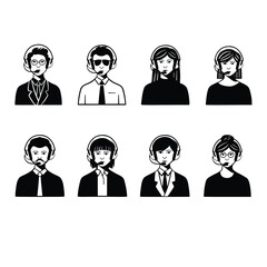Set of flat style Avatars for website, dispatchers with headphones, black and white