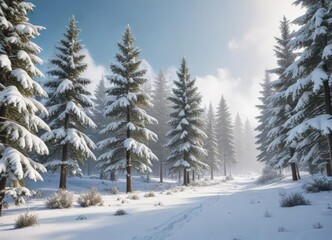 Serene forest with snow-covered evergreen trees and a soft layer of fresh snow, natural beauty, tranquil, frosty