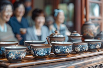 A group of elderly women enjoys a traditional tea ceremony, surrounded by intricate ceramic teapots and cups on a wooden table. The atmosphere is warm and inviting