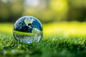 Crystal globe showcasing earth nestled in lush green grass symbolizing environmental conservation and sustainability