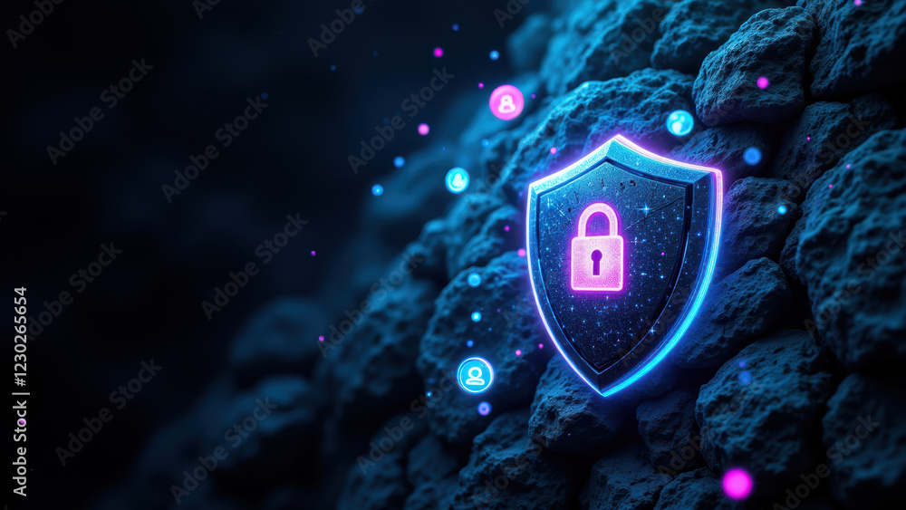Poster a glowing shield symbolizing cybersecurity on a futuristic digital background with floating spheres.