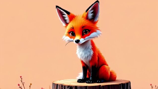 Adorable Fox on Tree Stump: A Digital Painting