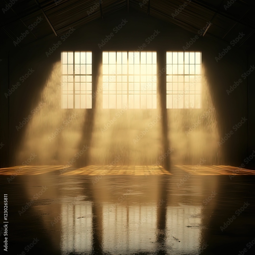 Poster a serene interior with sunlight streaming through large windows, creating soft shadows and reflectio