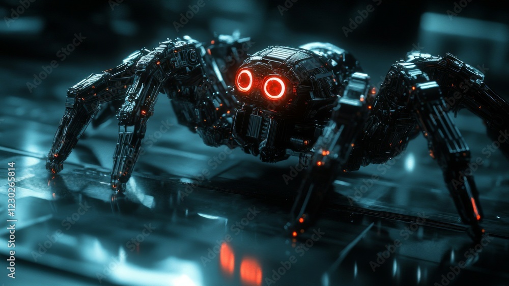 Poster cyberpunk robotic spider with glowing red eyes in dark setting