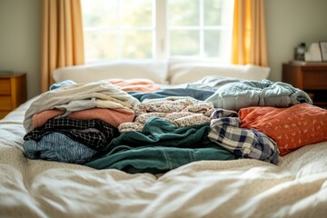 Messy bedroom with pile of folded laundry on bed, bright window light