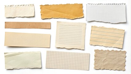 Set of assorted paper scraps in various shapes and sizes isolated on a white background, stationery, desk accessories, office decor, notebook paper scraps, scrapbooking