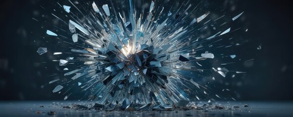 Shattered glass explosion on a dark blue backdrop with scattered glass fragments, splinters, exploded glass, shattered glass