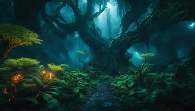 A vibrant alien planet with glowing forests, towering crystalline mountains, and rivers of liquid light under a sky with three moons