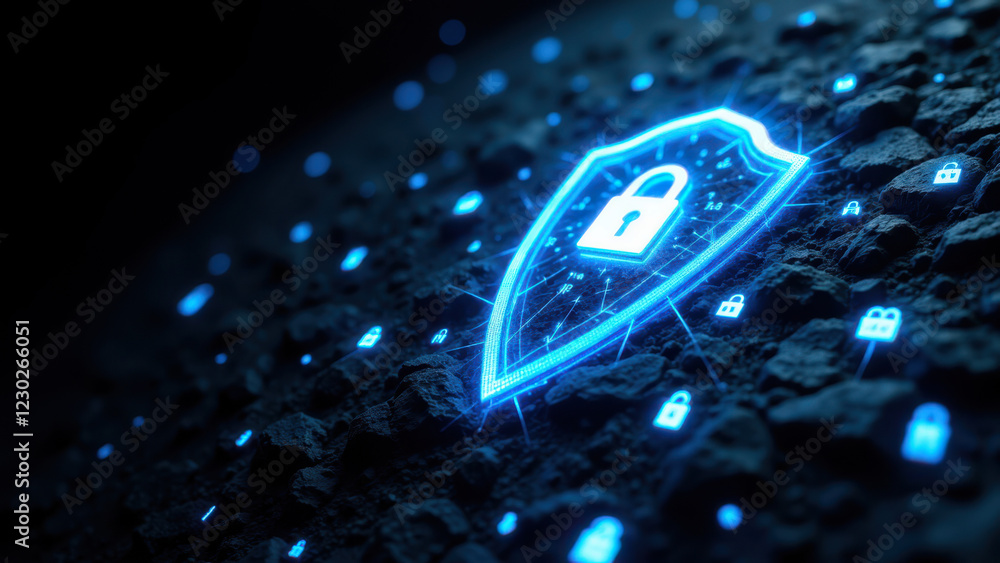 Poster secure digital lock with glowing blue lights on dark surface, symbolizing encryption and cybersecuri