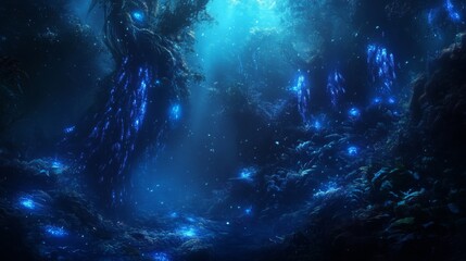 Obraz premium Enchanted Forest with Glowing Blue Lights at Night