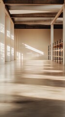 A spacious, minimalist interior with light streaming through windows, casting shadows on a polished floor.