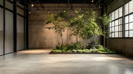 Obraz premium A contemporary indoor space featuring a central tree surrounded by greenery, with modern industrial architecture and ample natural light.