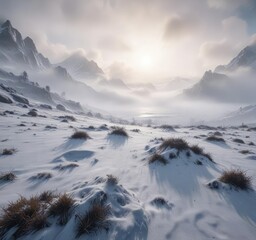 Fototapeta premium Silky strands of fog and mist waft through an empty snowy landscape, creating an otherworldly ambiance, quiet contemplation, dreamy scenes, peaceful ambiance