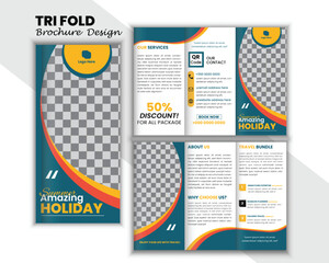 Summer Travel Tri Fold Brochure Design Template.  Editable & Modern Design for Tourism, Vacations, and Travel Agencies. Tour And Tourism Adventurer  Brochure Or Leaflet design.