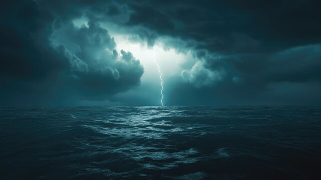 Thunderstorm Over Open Sea with Dark Clouds and Dramatic Lightning, Stunning Nature Photography Perfect for Environmental, Adventure, or Dramatic Mood Stock Photography. High quality photo