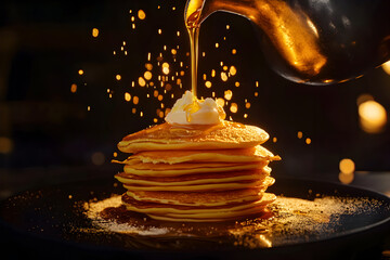 Pancakes stack with butter and honey. National Pancake Day