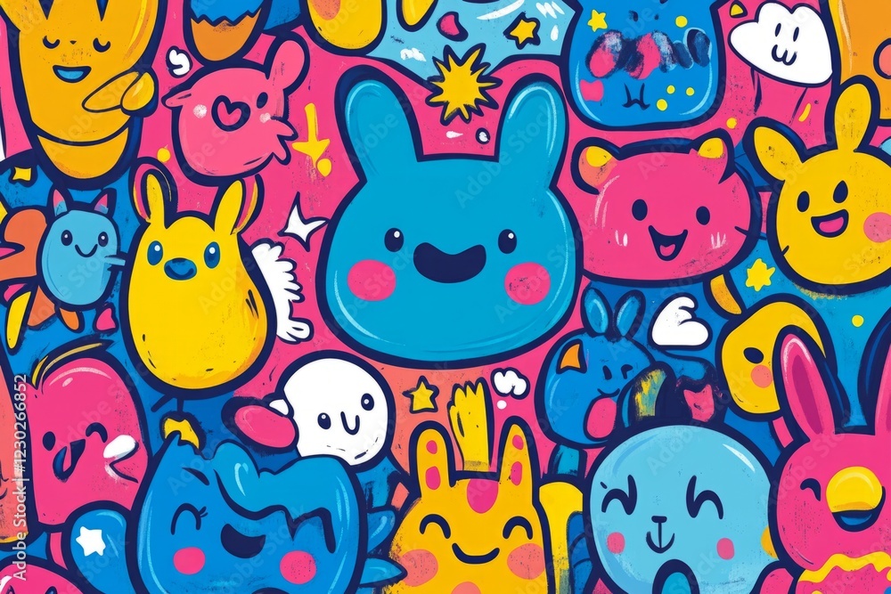 Poster various colorful and funny cartoon characters are smiling and forming a seamless pattern, ideal for 