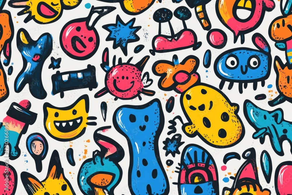 Poster vibrant and playful seamless pattern featuring an array of quirky, colorful cartoon characters in an