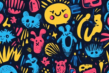 Seamless pattern featuring colorful cartoon characters and abstract shapes on a dark background, creating a playful and dynamic design