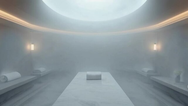 Luxurious marble hammam with soft lighting and steam ambiance