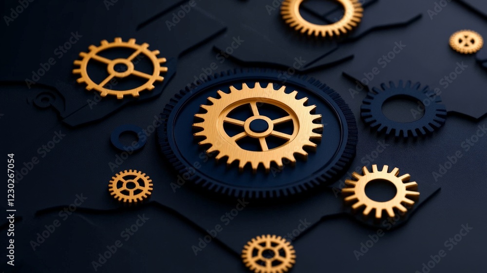 Poster golden gears on black: intricate golden and black gears interlock, creating a visually striking imag