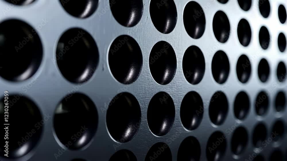 Poster abstract background with a repeating pattern of dark circles on a metallic gray surface. a close up 