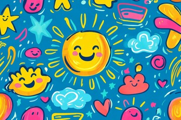 Seamless pattern featuring a smiling sun, hearts, stars, and clouds, creating a cheerful and playful design