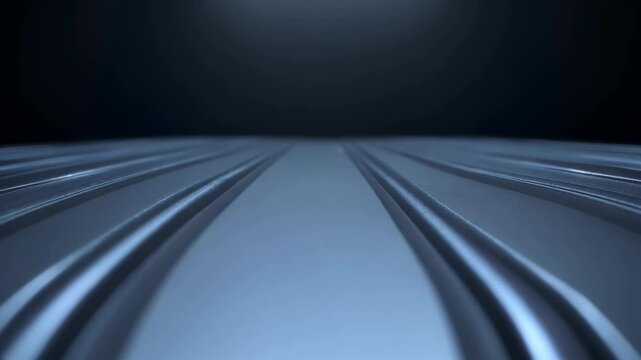 Abstract background of parallel metallic lines, cool blue tones, dark background, dramatic lighting, industrial feel, smooth texture, high contrast