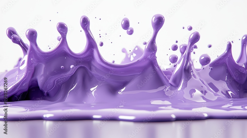 Poster vibrant purple paint splash creating dynamic abstract art on white background with drips and drops