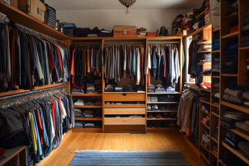 Large, well-organized walk-in closet showcasing various clothing items, neatly arranged on wooden shelves and hanging from hangers, illuminated by natural light