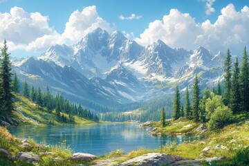 Serene mountain landscape with crystal-clear lake reflecting towering peaks and lush greenery under bright blue sky
