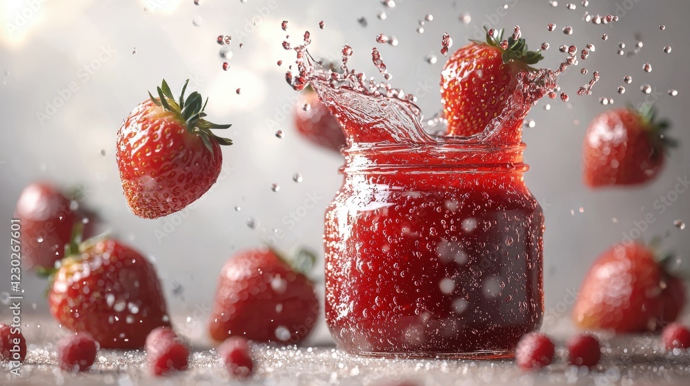 Aufkleber fresh strawberries splashing into jar of vibrant red jam with sparkling droplets in soft light setti