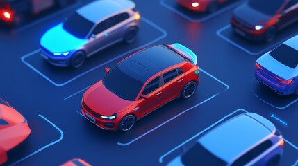 A red car is parked in a parking lot. There are several other cars in the lot, including a white car and a blue car