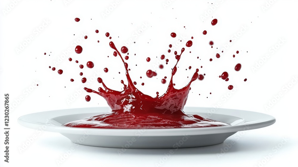 Poster vibrant red sauce splashing on a white plate capturing dynamic motion and culinary delight in an art