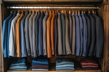 Variety of colorful blazers and folded trousers hanging inside a rustic wooden wardrobe, showcasing menswear fashion and organization