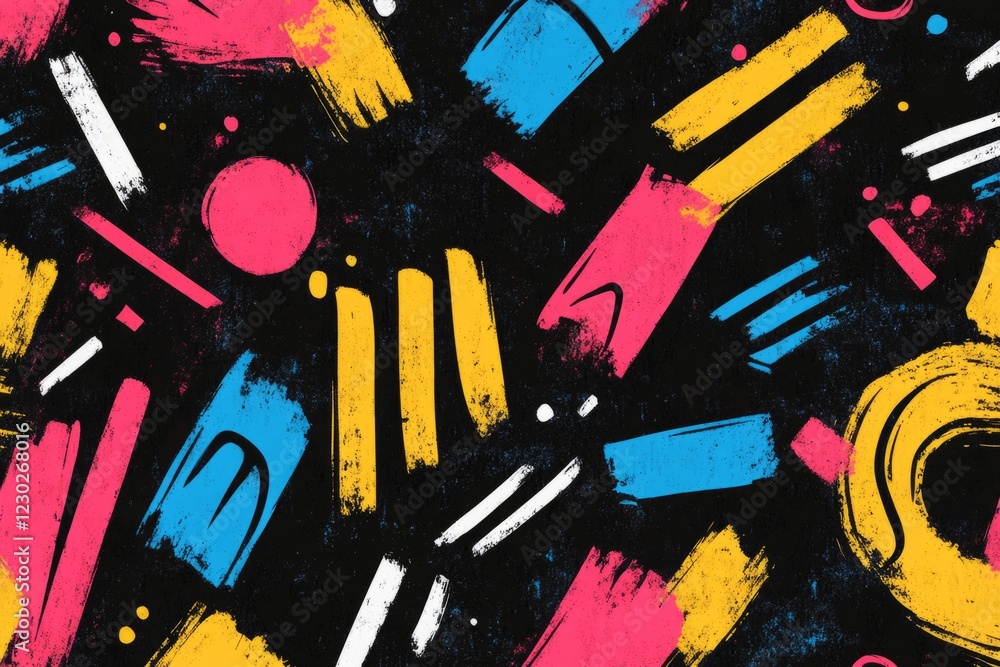 Aufkleber seamless abstract pattern featuring colorful brushstrokes, geometric shapes, and a textured black ba