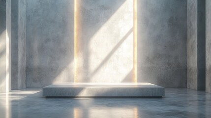 Bright Sunlight Streaming through Large Windows Illuminating a Minimalist Concrete Room with a Simple White Bench Creating a Peaceful and Inviting Atmosphere for Relaxation and Contemplation