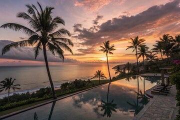 Obraz premium Luxury Infinity Pool Sunset Palm Trees Tranquil Landscape Relaxation Resort Vacation