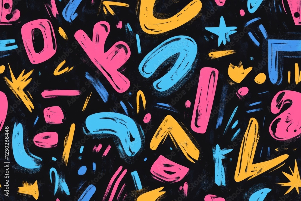 Poster vibrant and playful seamless pattern featuring colorful memphis design elements on a black backgroun