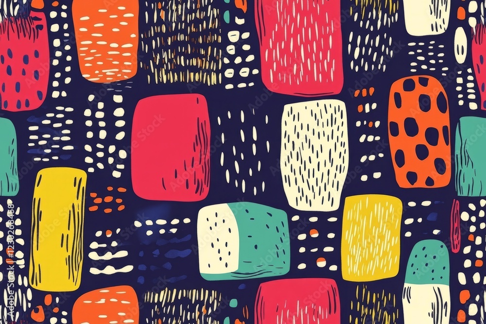 Poster seamless pattern featuring colorful abstract geometric shapes and lines, creating a vibrant and dyna