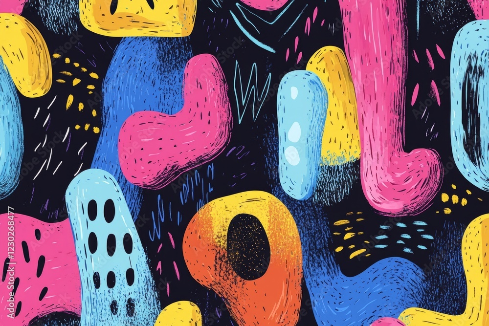 Poster vibrant and playful seamless pattern featuring abstract shapes, scribbles, and a textured effect, id
