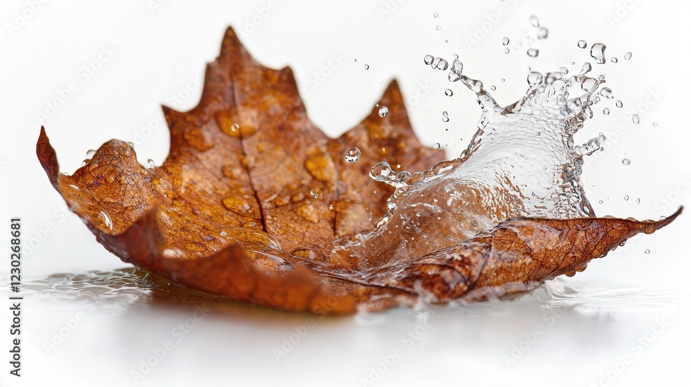 Poster close-up image of a brown leaf creating splash in clear water background capturing beautiful nature 